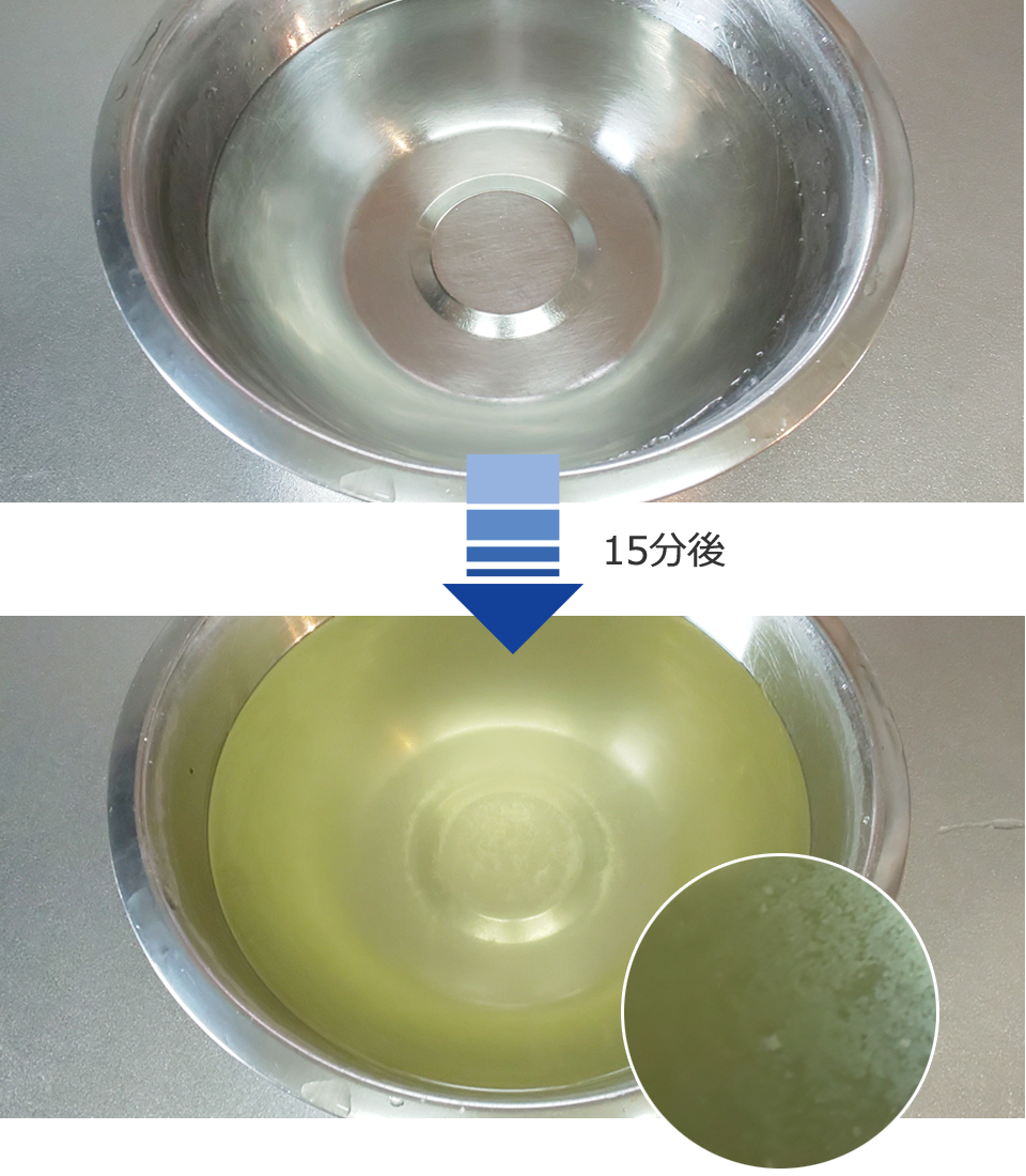 食材が入っていた水の表面には、果物や野菜 に付着していたワックスや農薬が油のように浮かび上がっています。